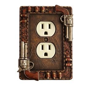 Western Cowboy Gun Duplex Outlet Cover Plate Bronze Rustic Cabin Man Cave Decor